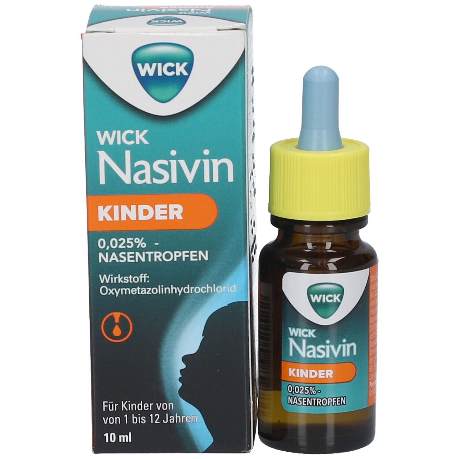 Produktverpackung und Flasche. Aufschrift: WICK Nasivin Kinder 0,025% Nasentropfen. Für Kinder von 1-12 Jahren.