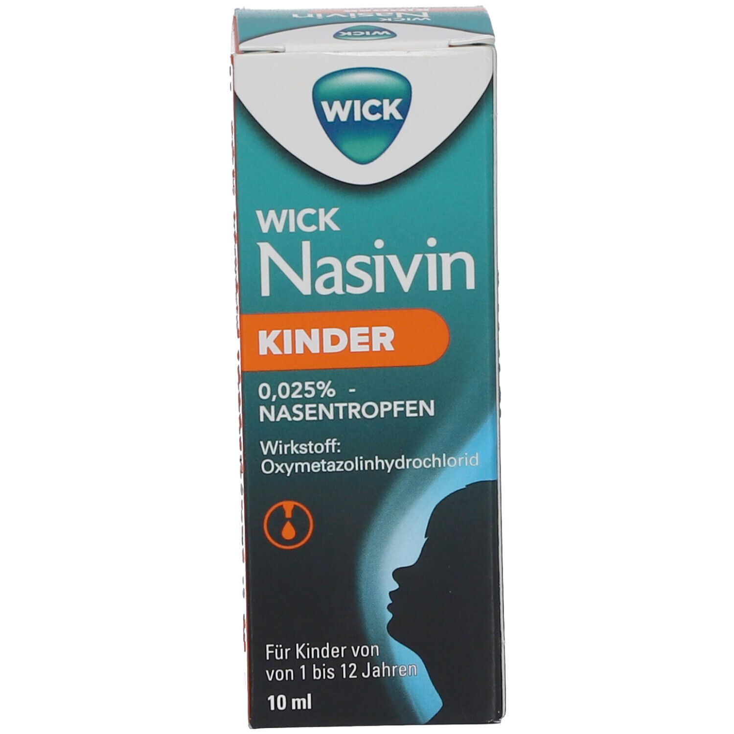 Produktverpackung. Aufschrift: WICK Nasivin Kinder 0,025% Nasentropfen. Für Kinder von 1-12 Jahren. 10 ml.