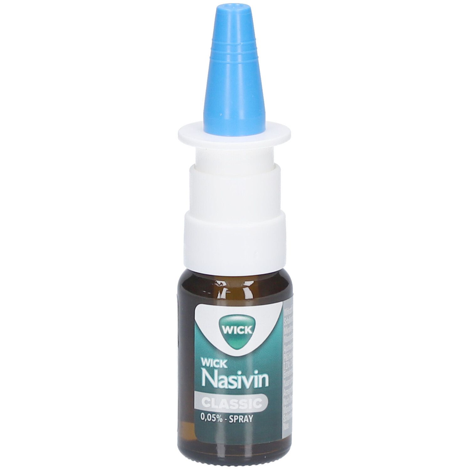 Nasenspray-Flasche mit blauem Sprühkopf. Aufschrift: WICK Nasivin Classic 0,05% Spray.