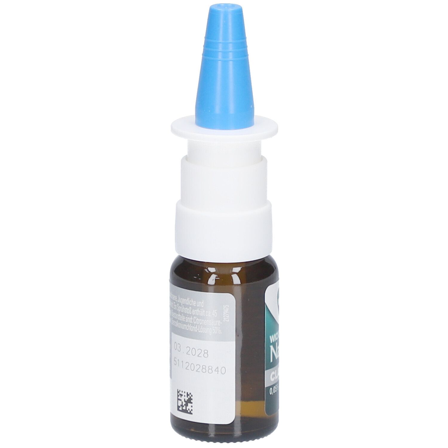 Nasenspray-Flasche mit blauem Sprühkopf. Aufschrift: WICK Nasivin Classic 0,05% Spray. Rückseite mit Text und QR-Code.