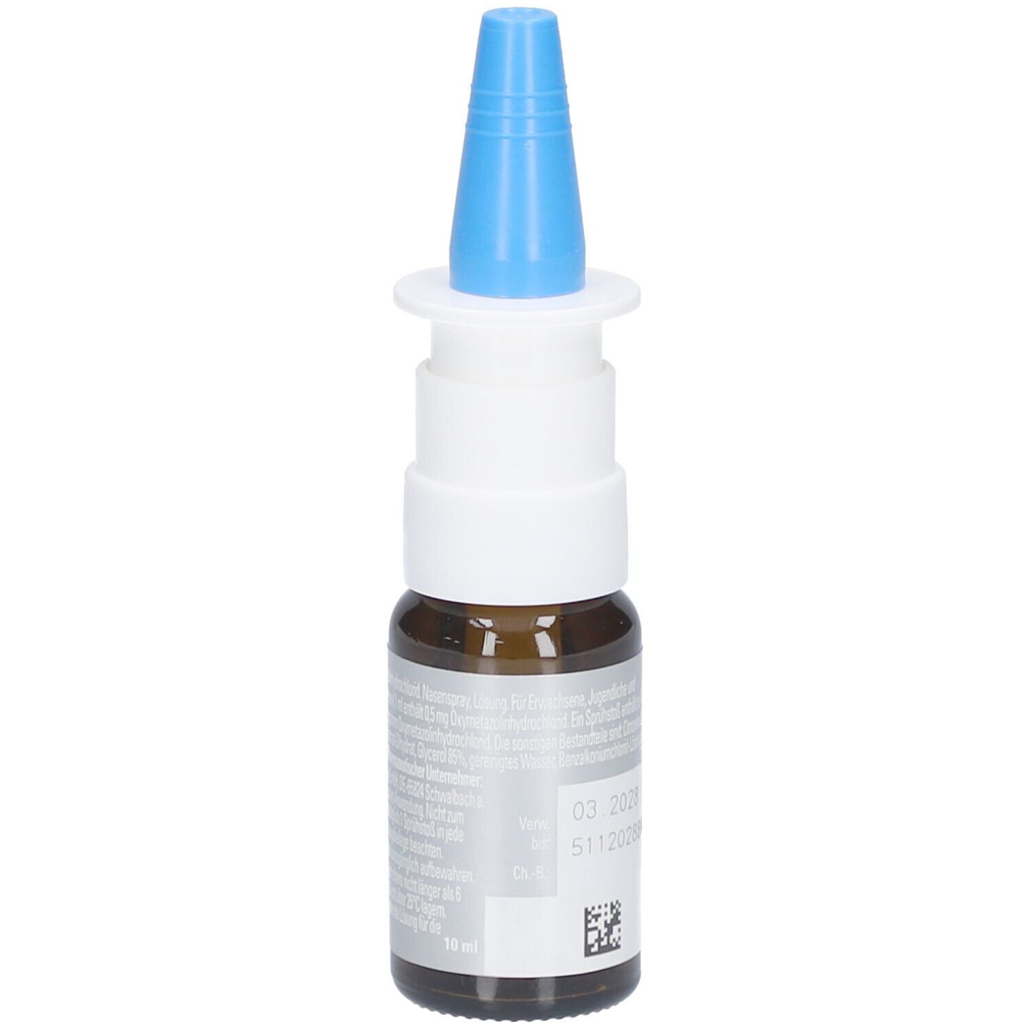 Nasenspray-Flasche mit blauem Sprühkopf. Rückseite mit Text und QR-Code. Aufschrift: 10 ml.