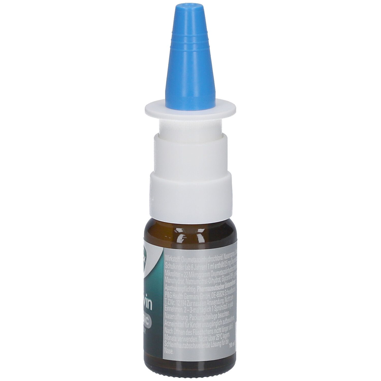 Nasenspray-Flasche mit blauem Sprühkopf. Aufschrift: WICK Nasivin Classic 0,05% Spray. Rückseite mit Text.