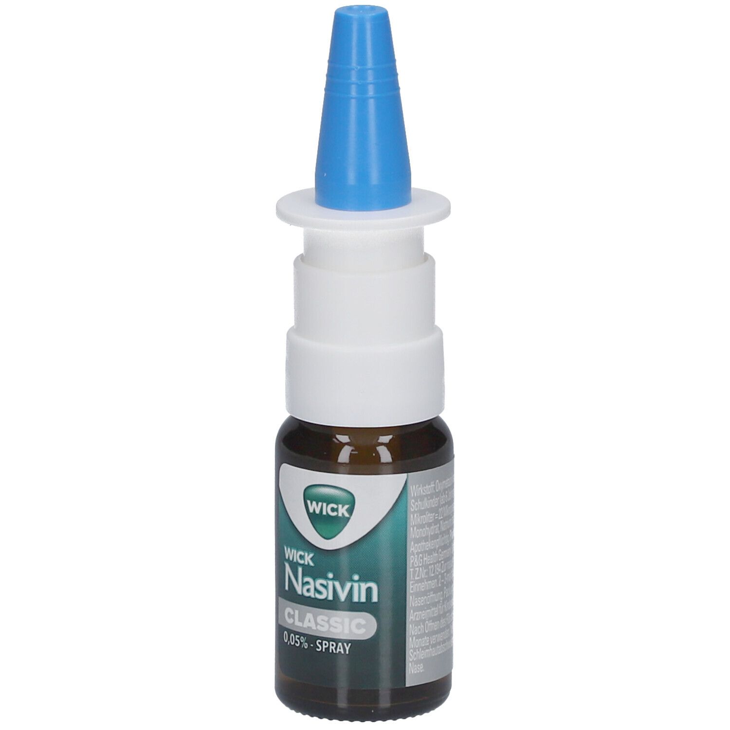 Nasenspray-Flasche mit blauem Sprühkopf. Aufschrift: WICK Nasivin Classic 0,05% Spray.