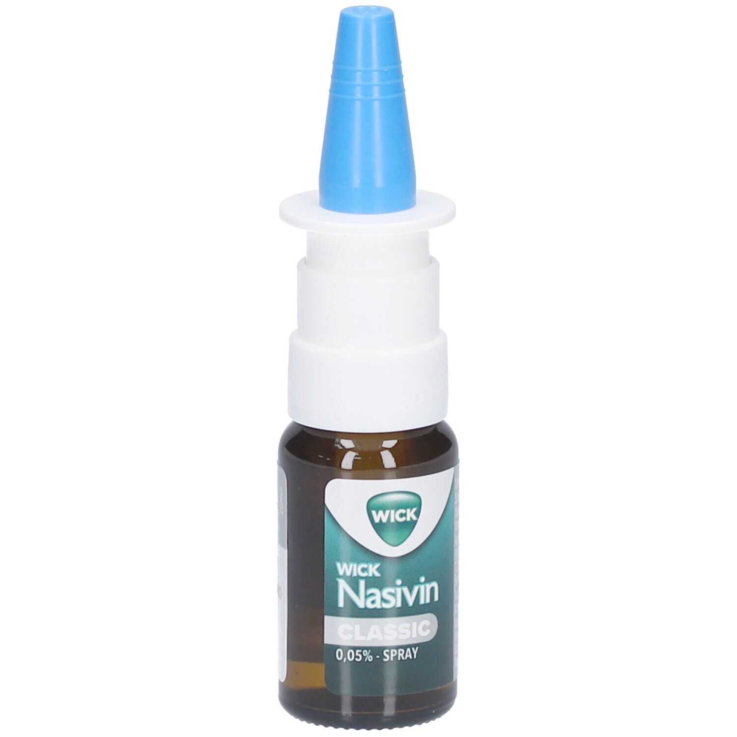 Nasenspray-Flasche mit blauem Sprühkopf. Aufschrift: WICK Nasivin Classic 0,05% Spray.