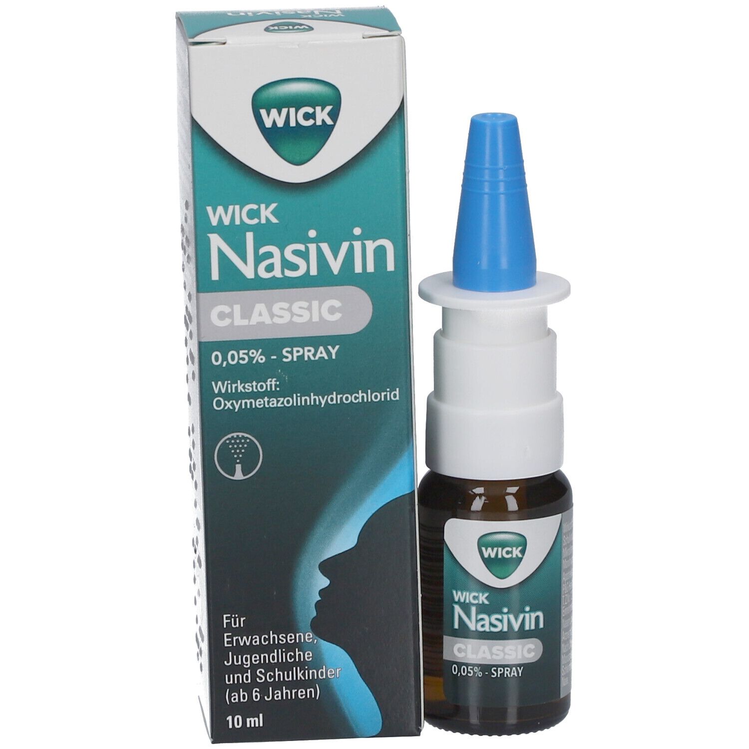 Verpackung von WICK Nasivin Classic 0,05% Spray. Flasche mit blauem Sprühkopf. Aufschrift: 10 ml.