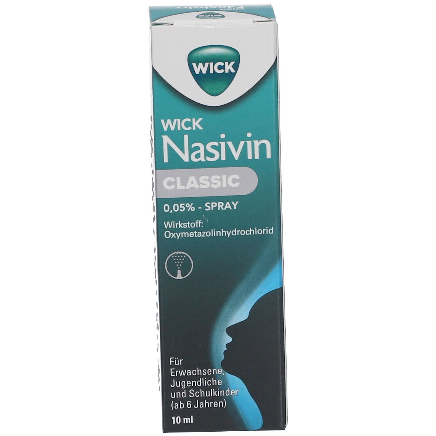 Verpackung von WICK Nasivin Classic 0,05% Spray. Aufschrift: 10 ml. Profil einer Person.