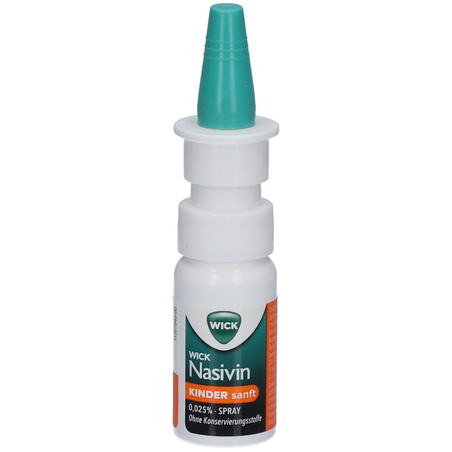 Nasenspray mit grünem Sprühkopf. Aufschrift: WICK Nasivin Kinder sanft 0,025% ohne Konservierungsstoffe.