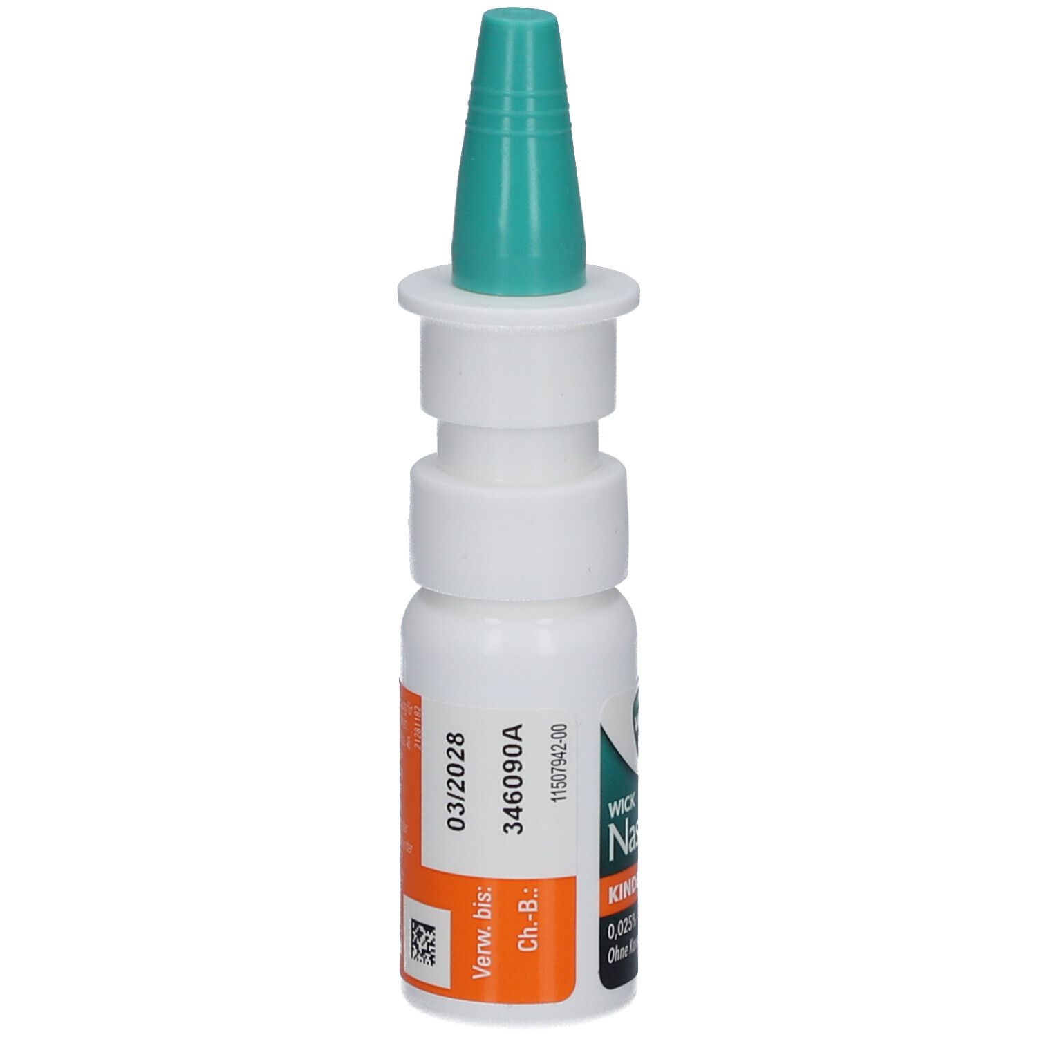 Nasenspray mit grünem Sprühkopf. Aufschrift: WICK Nasivin Kinder sanft 0,025% ohne Konservierungsstoffe. Datumsangabe.