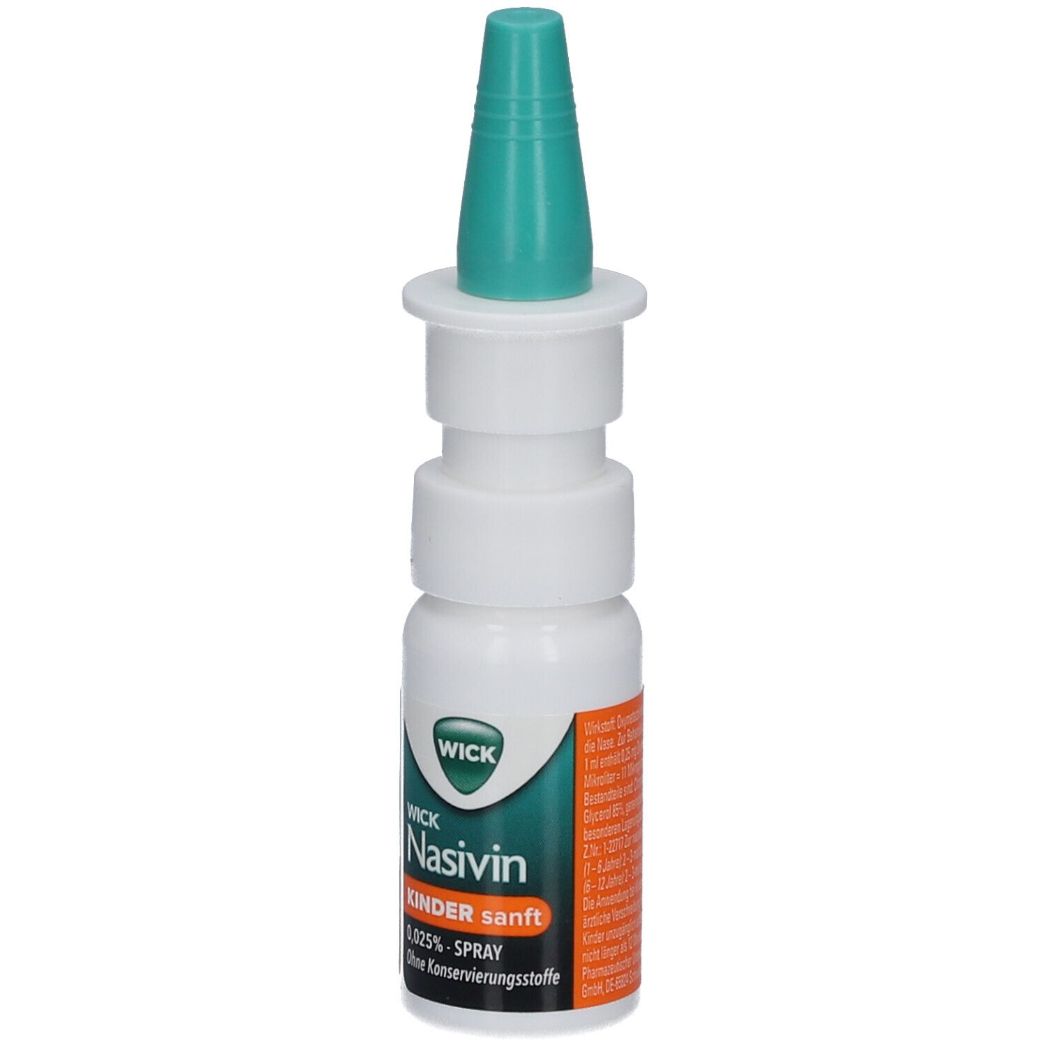 Nasenspray mit grünem Sprühkopf. Aufschrift: WICK Nasivin Kinder sanft 0,025% ohne Konservierungsstoffe.