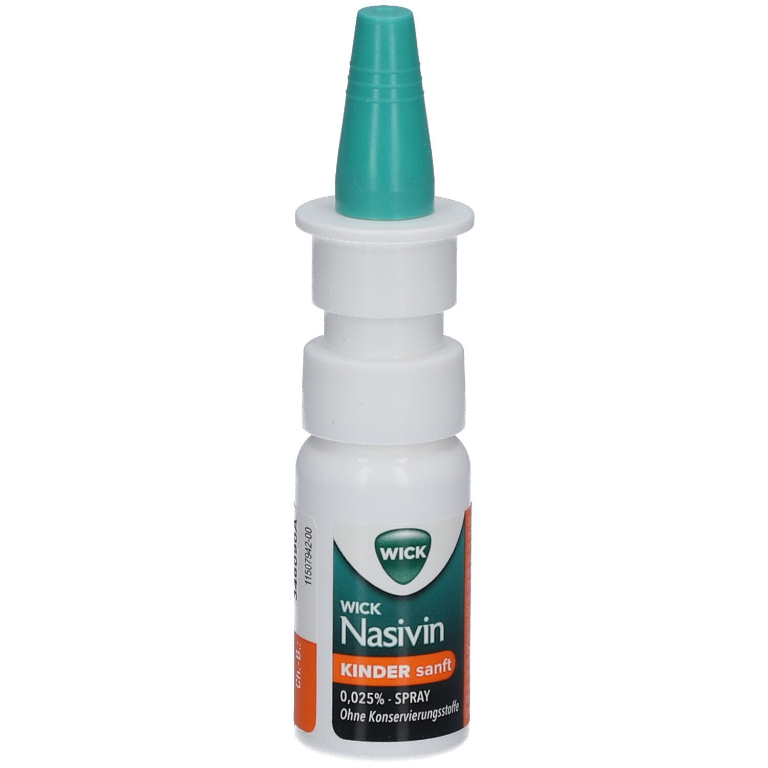 Nasenspray mit grünem Sprühkopf. Aufschrift: WICK Nasivin Kinder sanft 0,025% ohne Konservierungsstoffe. Datumsangabe.