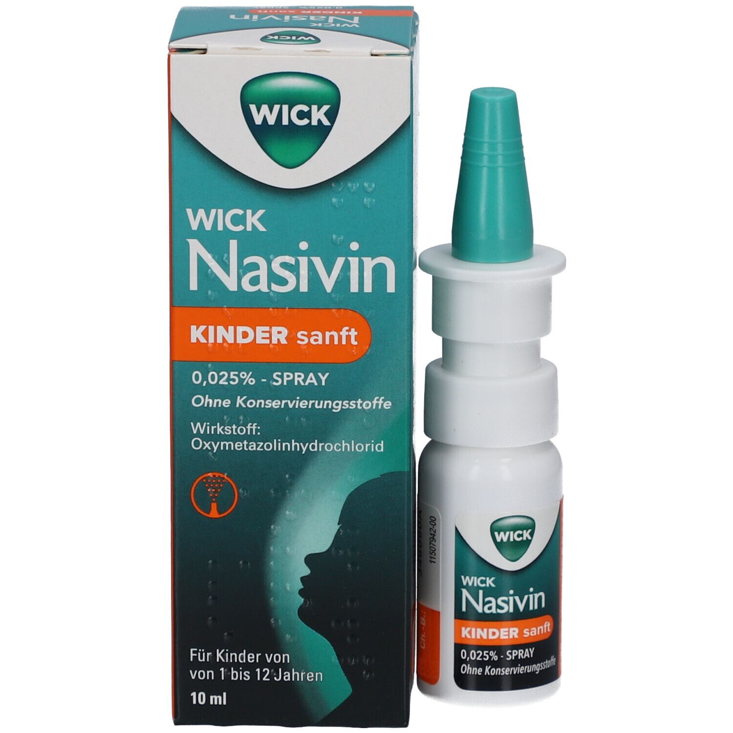 Produkt und Verpackung. Nasenspray mit grünem Sprühkopf. Aufschrift: WICK Nasivin Kinder sanft 0,025%.