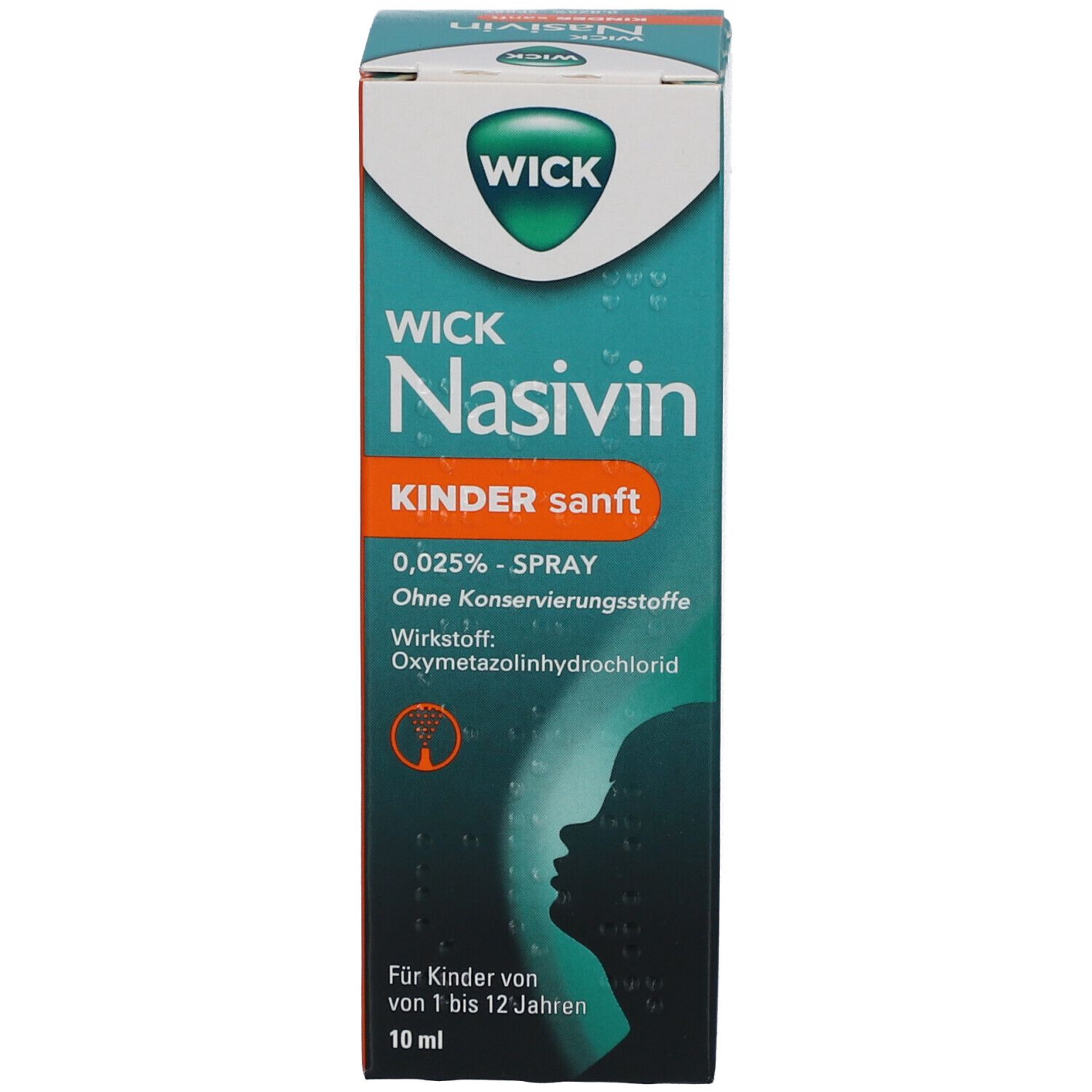 Verpackung. Aufschrift: WICK Nasivin Kinder sanft 0,025% - Spray. Für Kinder von 1 bis 12 Jahren.