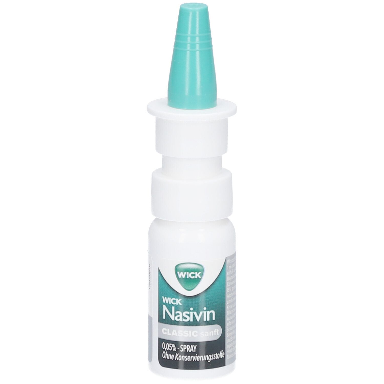 Nasenspray von WICK Nasivin Classic sanft. Weiße Flasche mit grünem Sprühkopf. Aufschrift: 0,05% Spray.