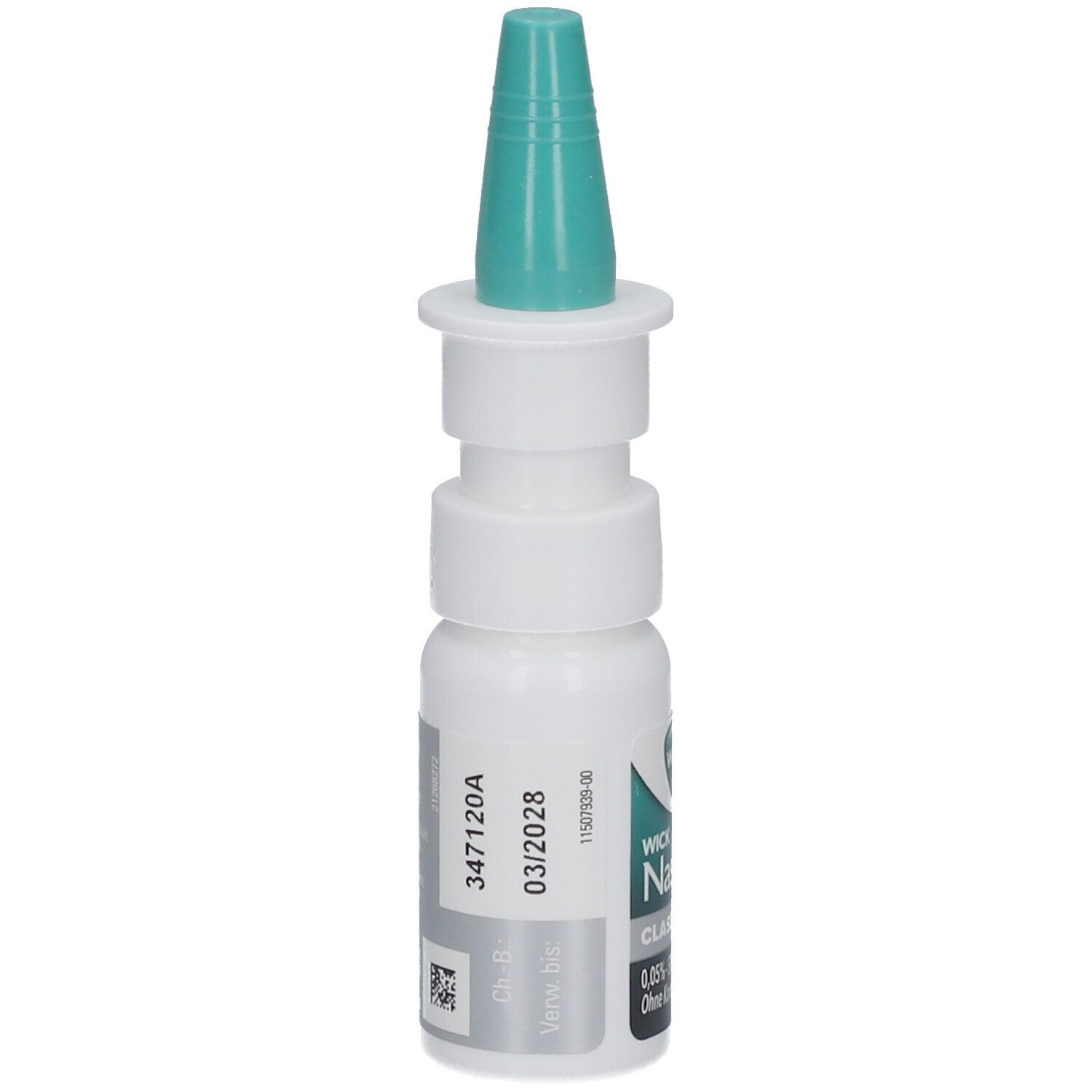 Nasenspray von WICK Nasivin Classic sanft. Weiße Flasche mit grünem Sprühkopf. Aufdruck mit Verfallsdatum.
