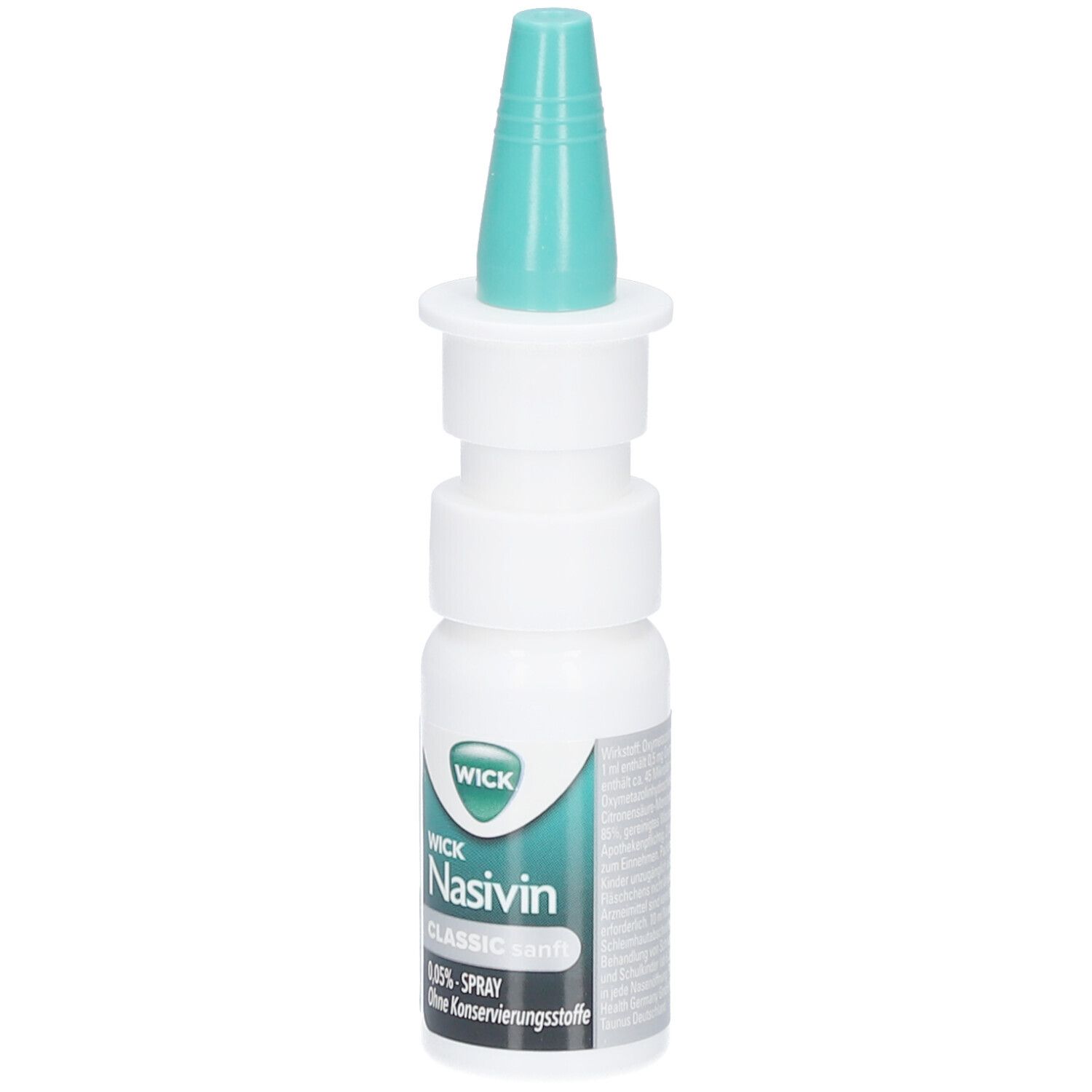 Nasenspray von WICK Nasivin Classic sanft. Weiße Flasche mit grünem Sprühkopf. Aufschrift: Nasivin.