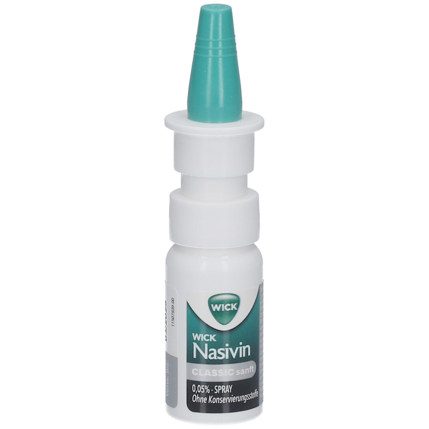 Nasenspray von WICK Nasivin Classic sanft. Weiße Flasche mit grünem Sprühkopf. Aufschrift: Nasivin.