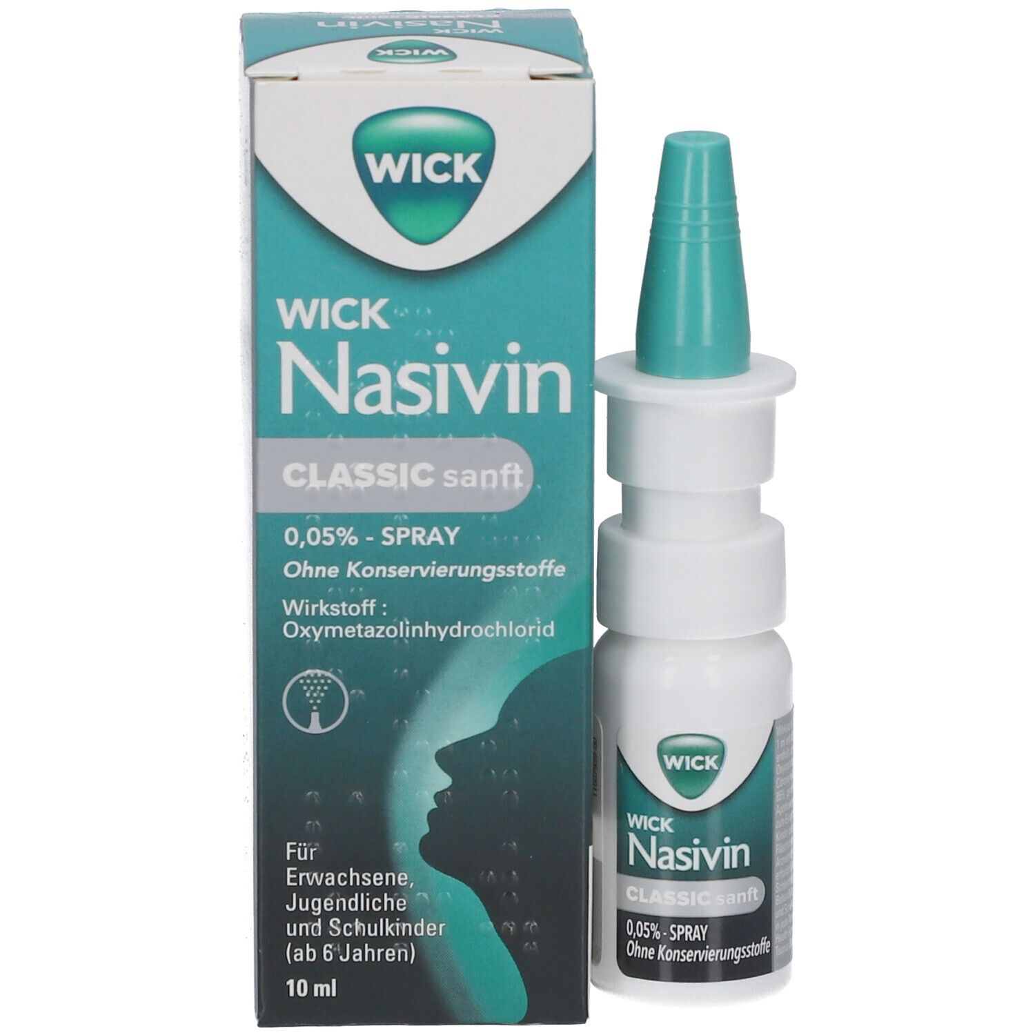 WICK Nasivin Classic sanft Nasenspray und Verpackung. Weiße Flasche mit grünem Sprühkopf. Karton mit Text.