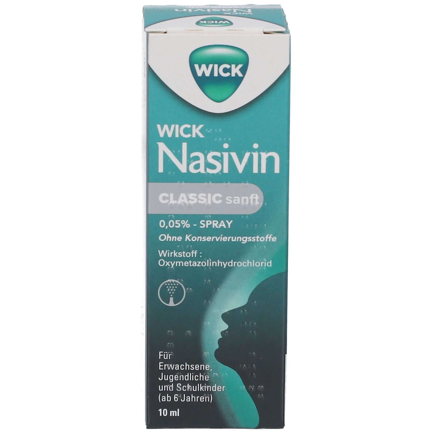 Verpackung von WICK Nasivin Classic sanft Nasenspray. Karton mit Produktabbildung und Text.