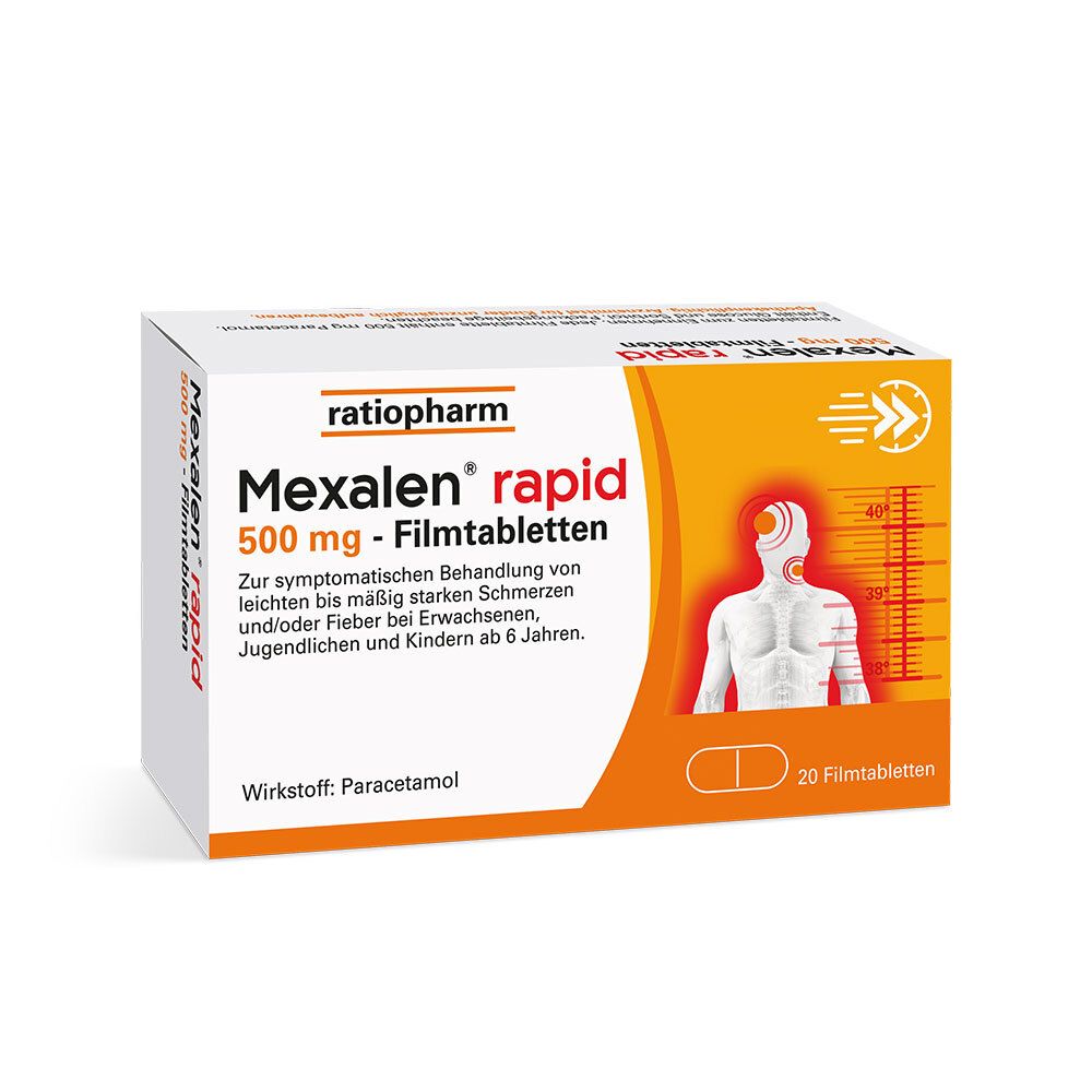 Verpackung von Mexalen® rapid 500 mg Filmtabletten. Weiß-orangefarbene Schachtel mit Produktinformationen und Logo.