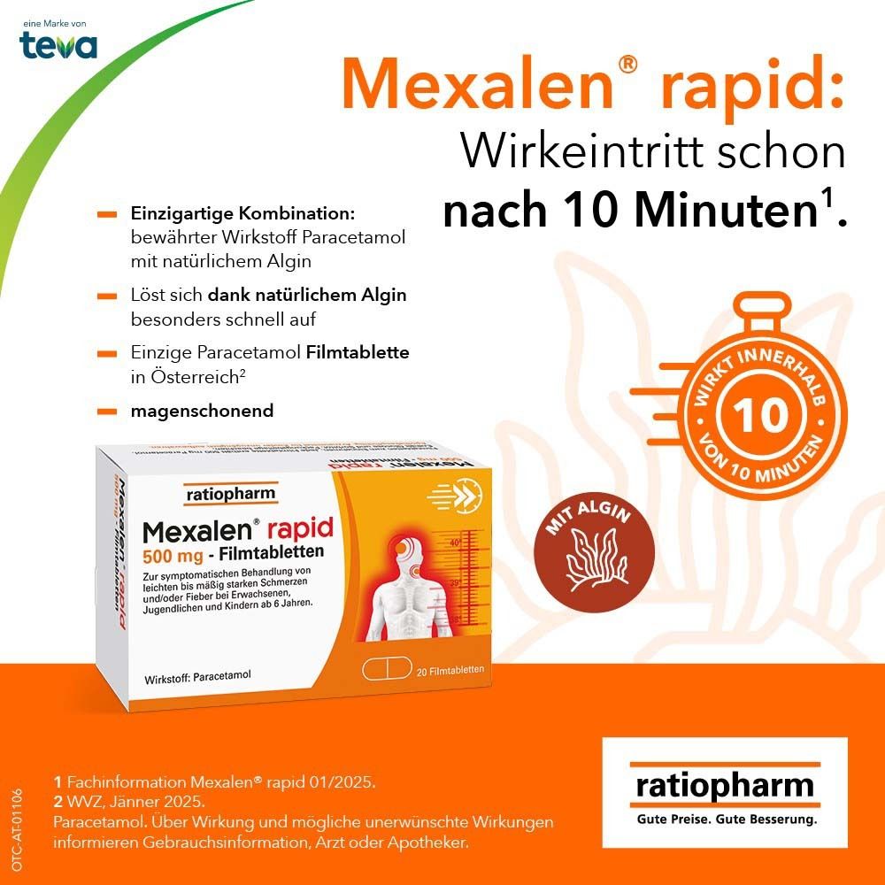 Werbebild für Mexalen® rapid. Produktverpackung mit Text und Illustrationen, orangefarbener Hintergrund.