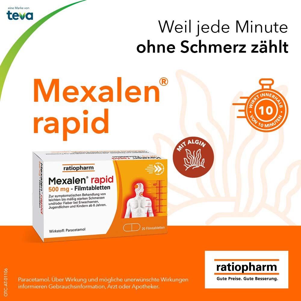 Werbebild für Mexalen® rapid. Produktverpackung mit Text und Illustrationen, orangefarbener Hintergrund.