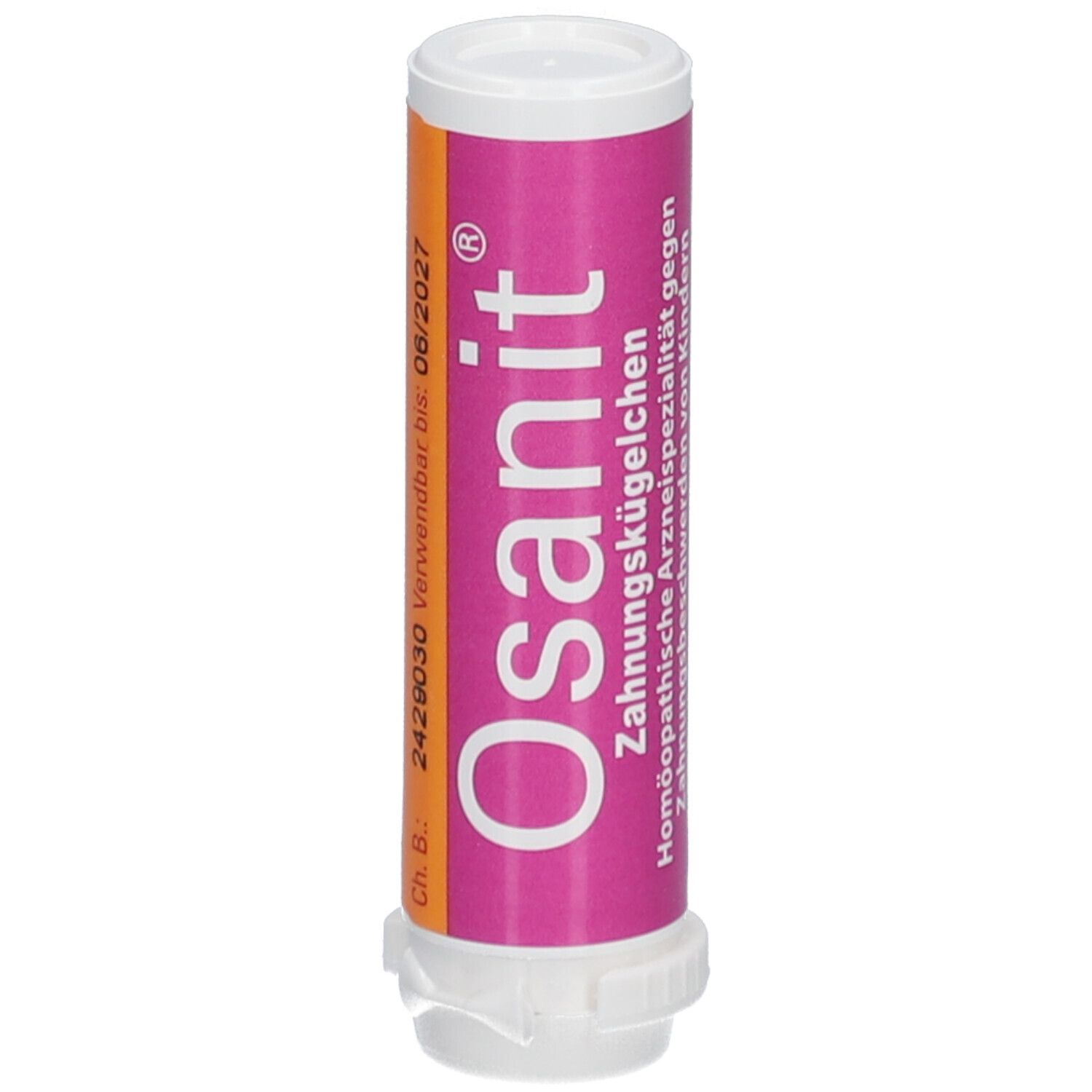 Osanit® Zahnungskügelchen. Zylinderförmige Verpackung, weiß-rosa. Haltbarkeit bis 06/2027. Aufdrucke: Name, Chargennummer.