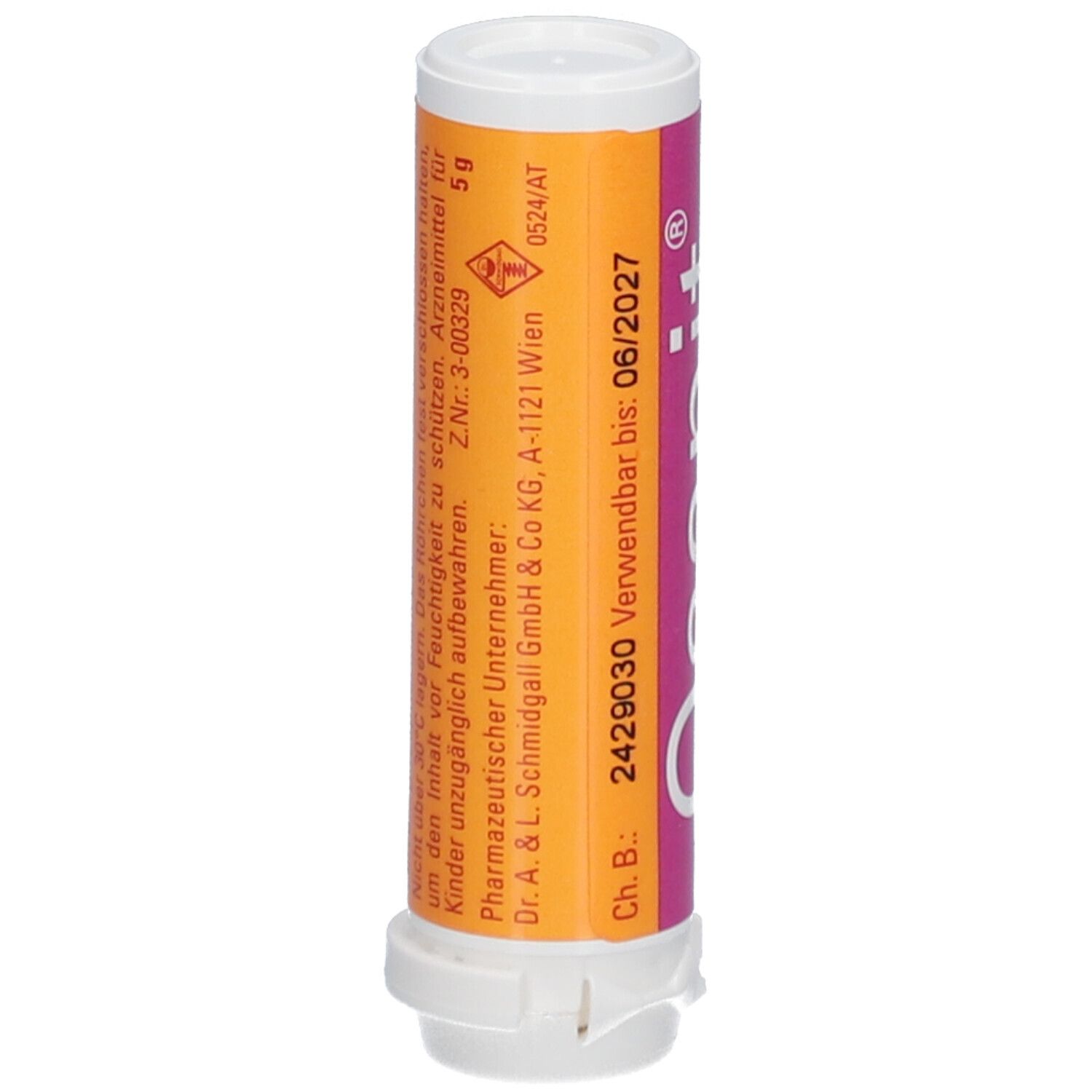 Osanit® Zahnungskügelchen. Zylinderförmige Verpackung, weiß-rosa. Haltbarkeit bis 06/2027. Aufdrucke: Name, Chargennummer.
