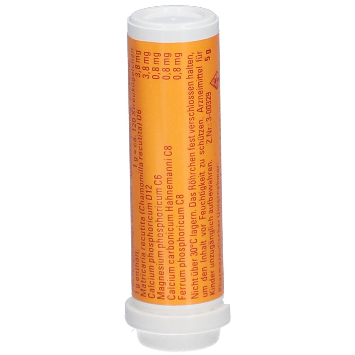 Osanit® Zahnungskügelchen. Zylinderförmige Verpackung, weiß-orange. Aufdrucke: Inhaltsstoffe, Dosierung, Herstellerinformationen.