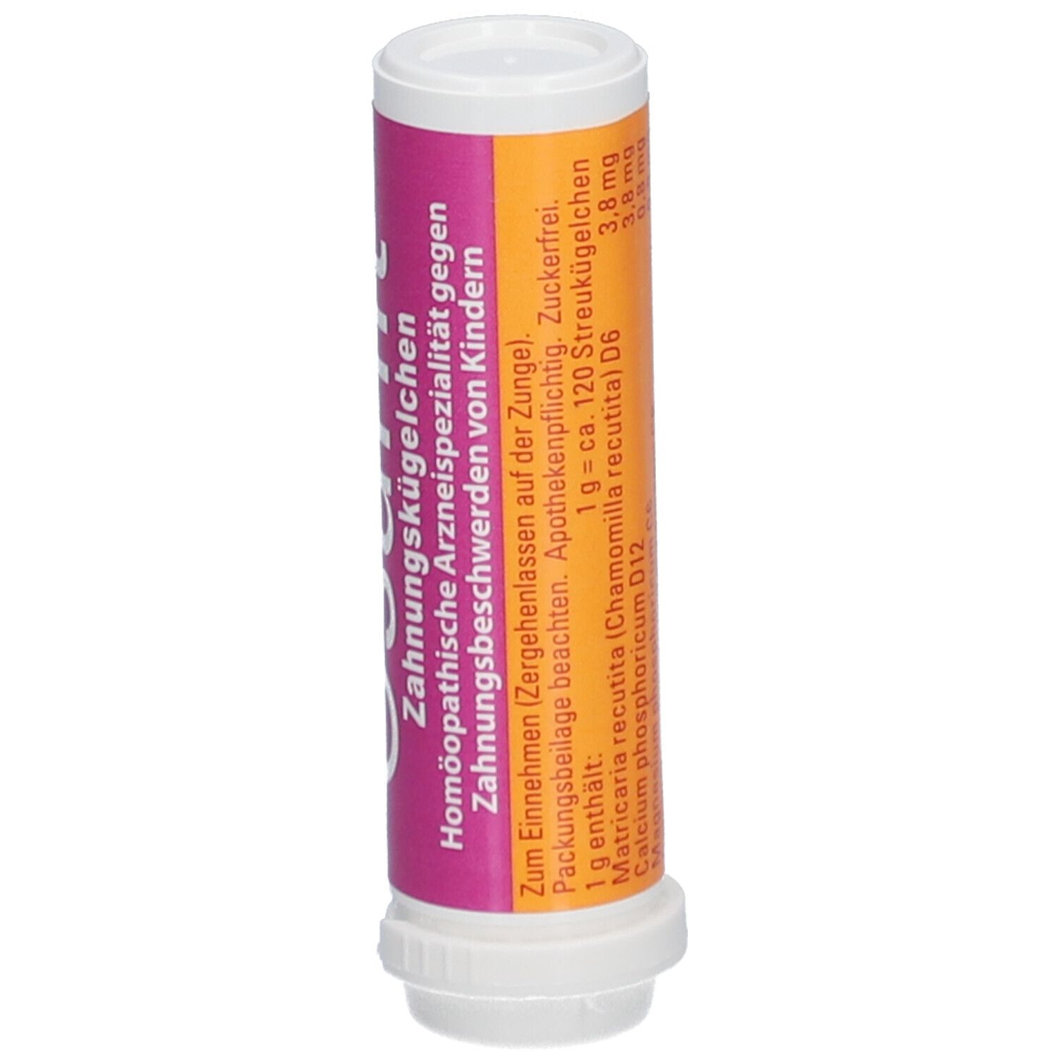 Osanit® Zahnungskügelchen. Zylinderförmige Verpackung, weiß-rosa. Aufdrucke: Name, Anwendungshinweis, Inhaltsstoffe.
