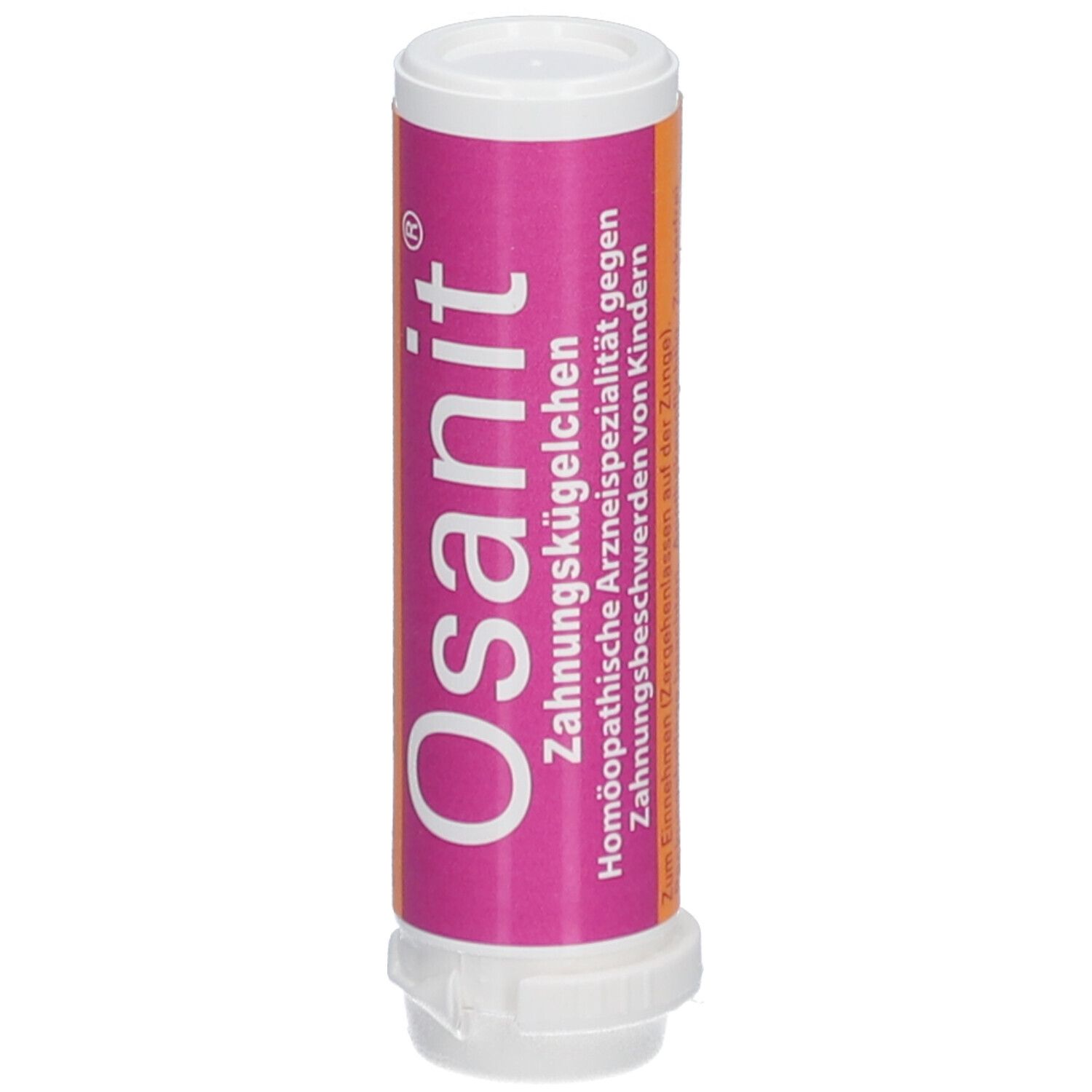 Osanit® Zahnungskügelchen. Zylinderförmige Verpackung, weiß-rosa. Aufdrucke: Name, Indikation, Herstellerinformationen.