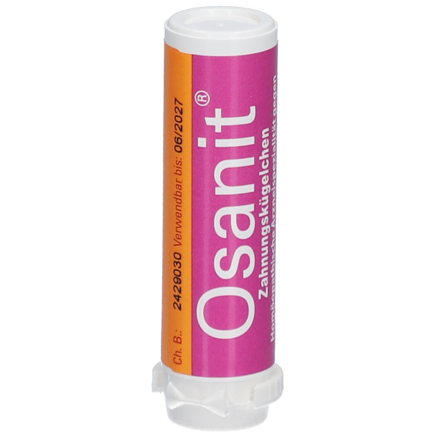 Osanit® Zahnungskügelchen. Zylinderförmige Verpackung, weiß-rosa. Haltbarkeit bis 06/2027. Aufdrucke: Name, Chargennummer.