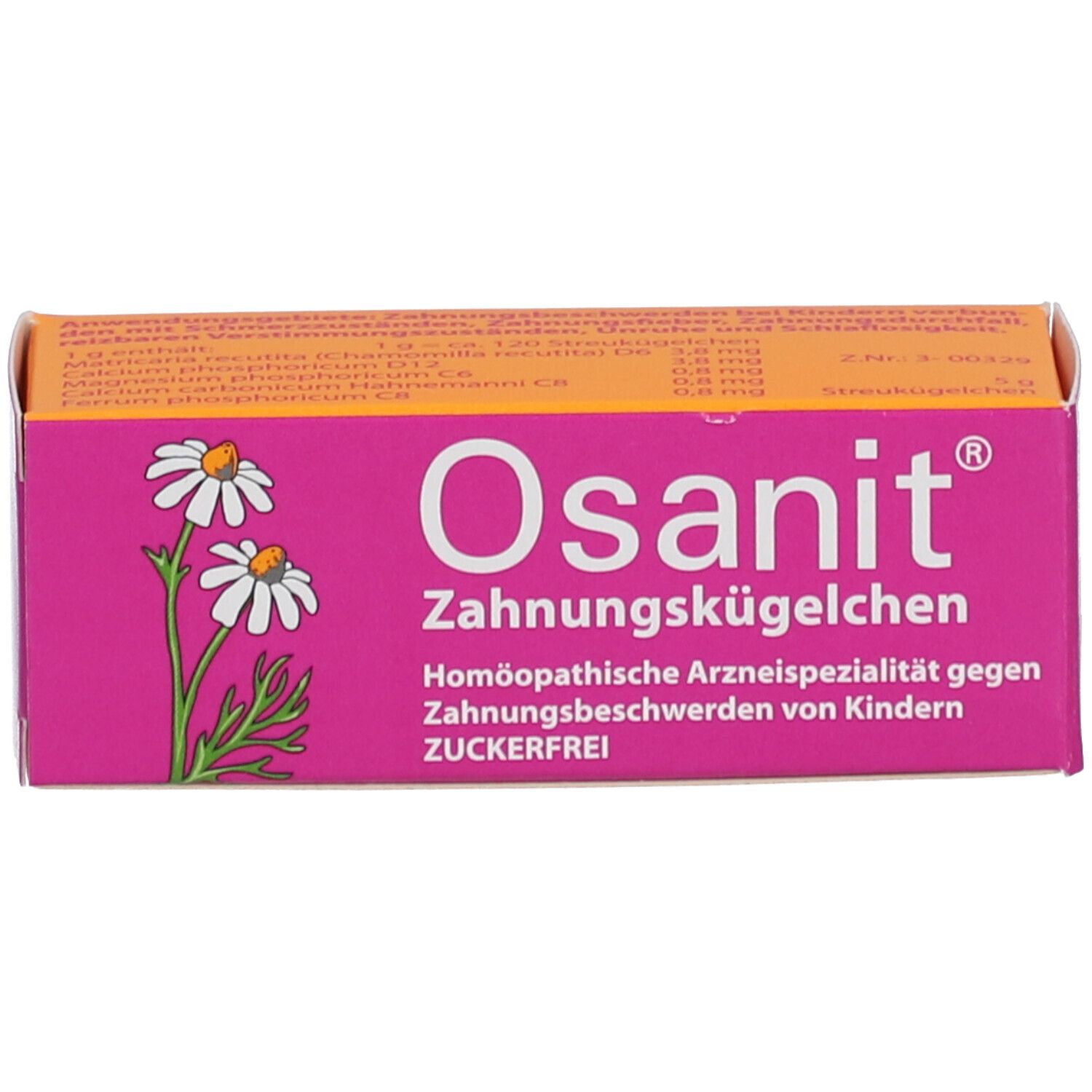 Osanit® Zahnungskügelchen. Kartonverpackung, rosa-orange. Aufdrucke: Name, Produktinformationen, Inhaltsstoffe, zuckerfrei.