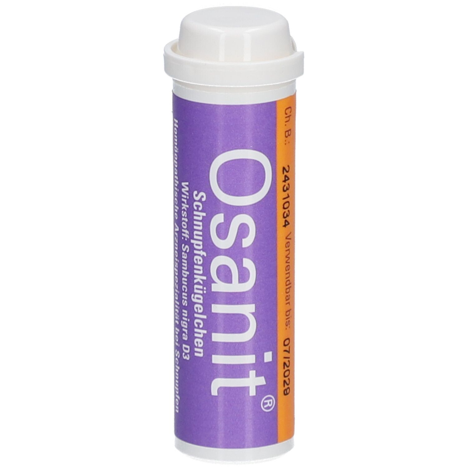 Zylindrische Tube mit Osanit-Aufschrift. Lila-weiße Farbgebung. Deckel weiß. Haltbarkeit bis 07/2020.