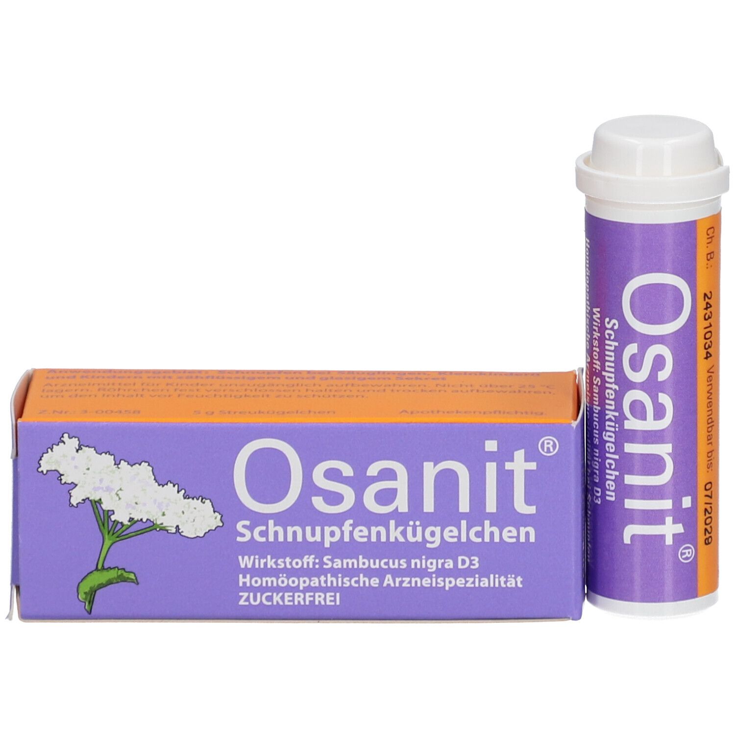 Packung und Tube Osanit. Packung lila-orange mit Produktnamen und Inhaltsstoffen. Tube weiß-lila.