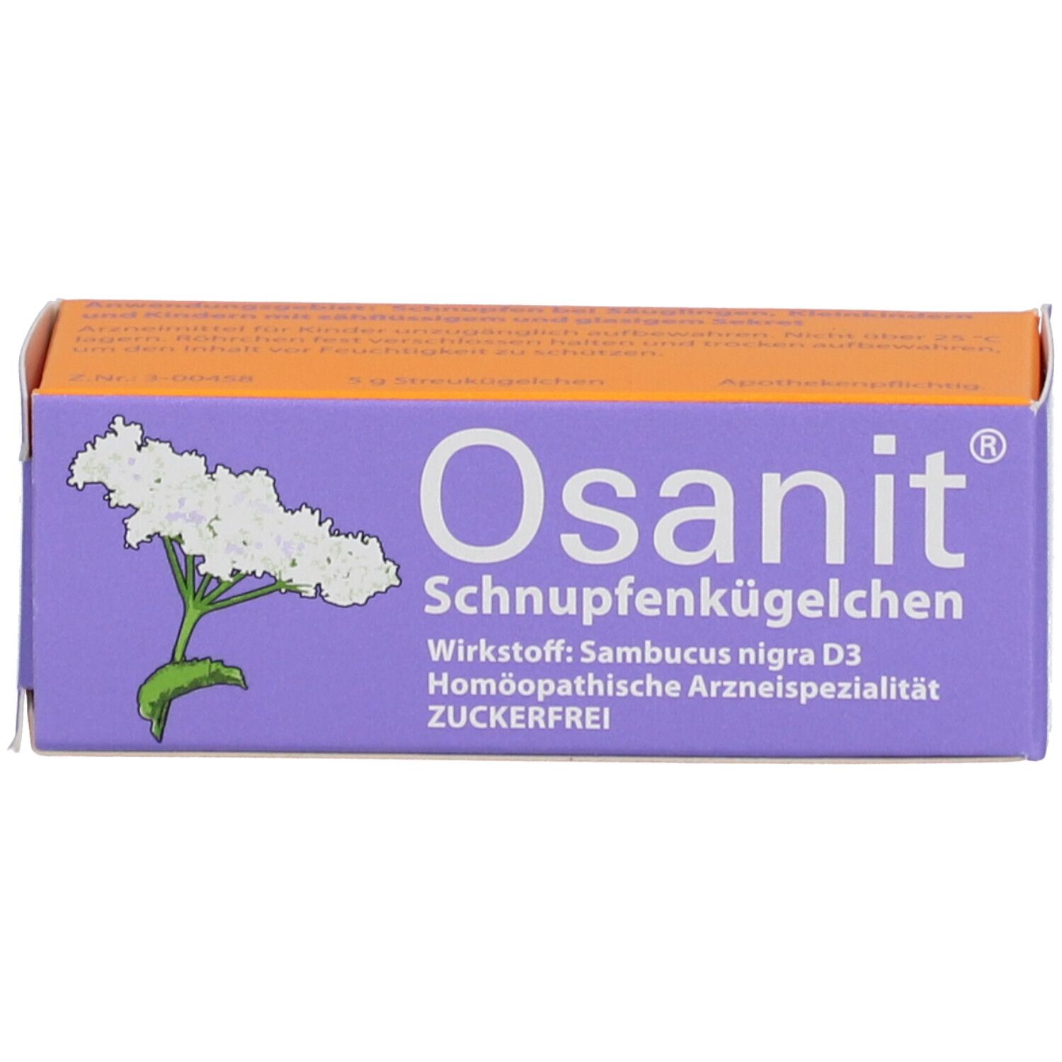 Packung Osanit. Lila-orange mit Produktnamen, Inhaltsstoffen und Illustration. Text in Deutsch.