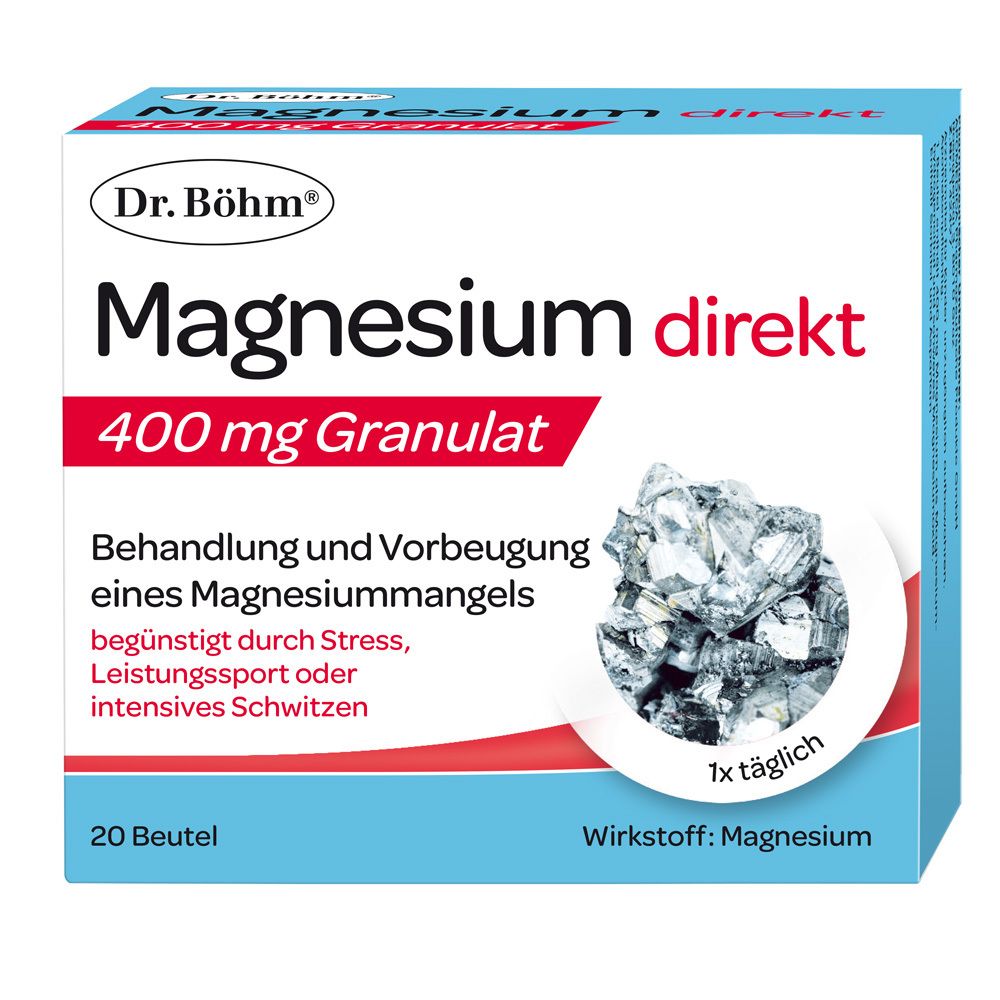 Dr. Böhm Magnesium direkt 400 mg Granulat. Packung mit 20 Beuteln. Text: Behandlung eines Magnesiummangels.
