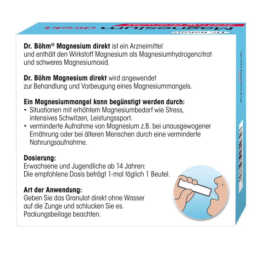 Rückseite der Packung Dr. Böhm Magnesium direkt. Text: Anwendung, Dosierung, Inhaltsstoffe. Illustration: Einnahme des Granulats.
