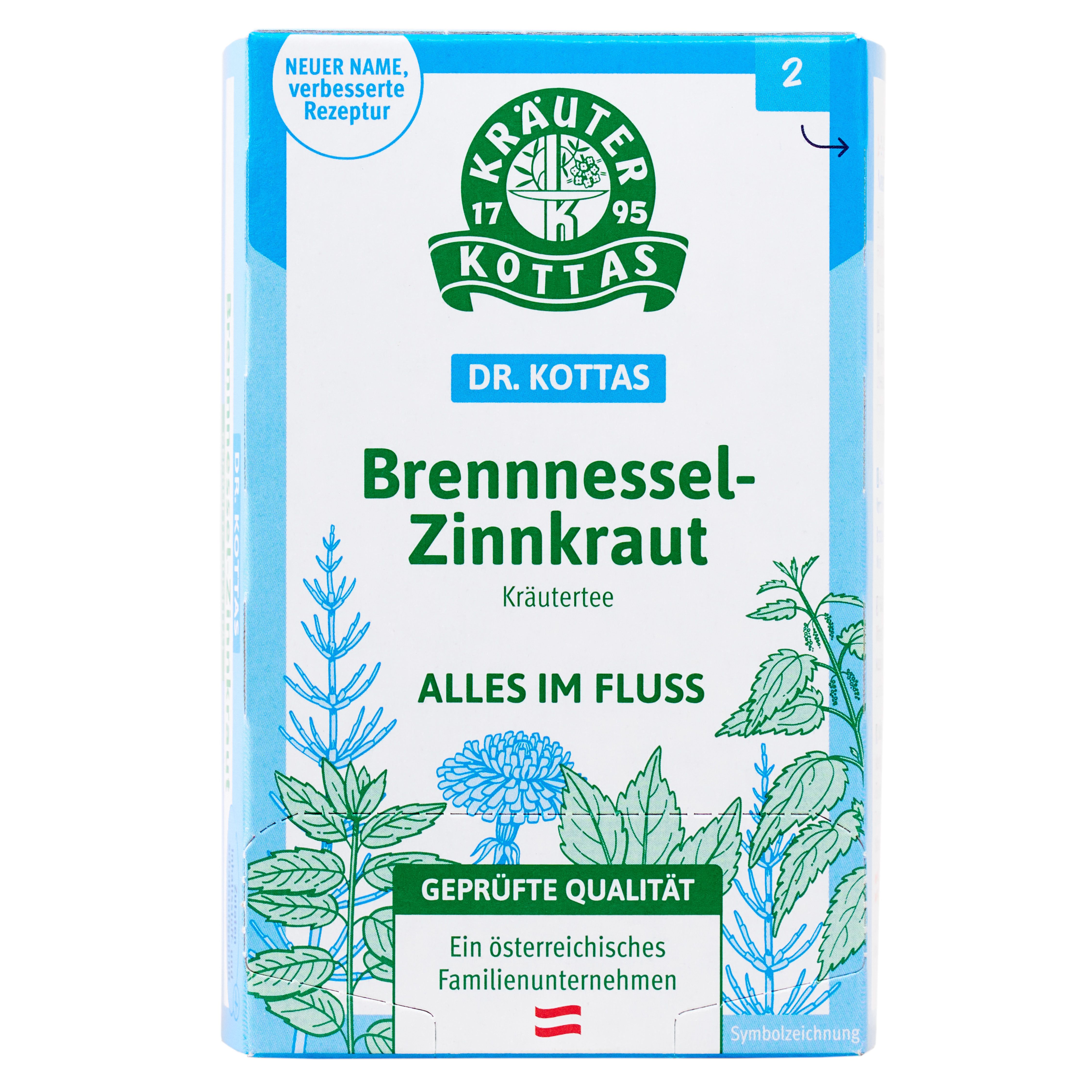 DR. KOTTAS Brennnessel-Zinnkraut Kräutertee Verpackung mit Kräutermotiv und Siegel.