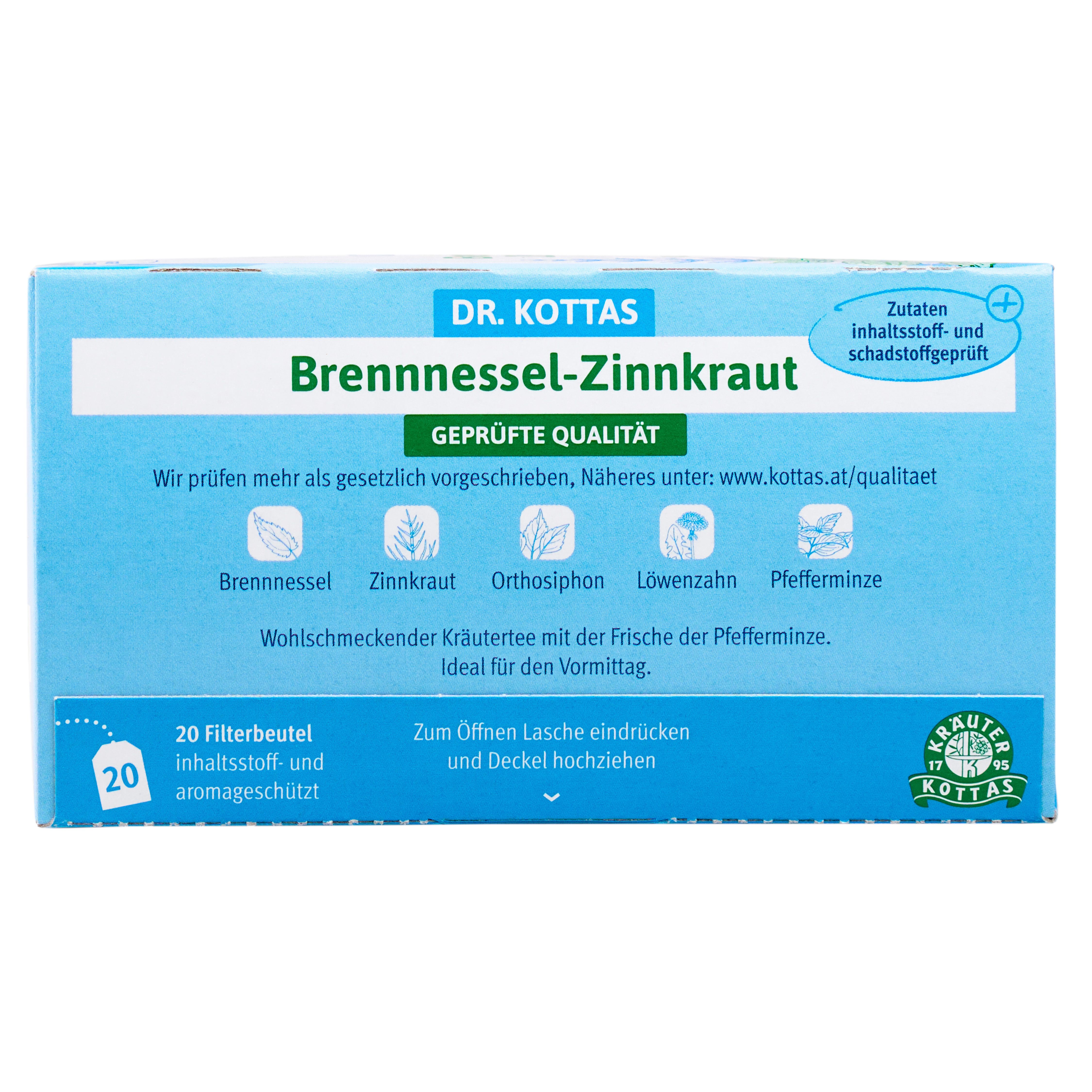 Rückseite der DR. KOTTAS Brennnessel-Zinnkraut Tee-Verpackung mit Zutatenliste und Siegel.