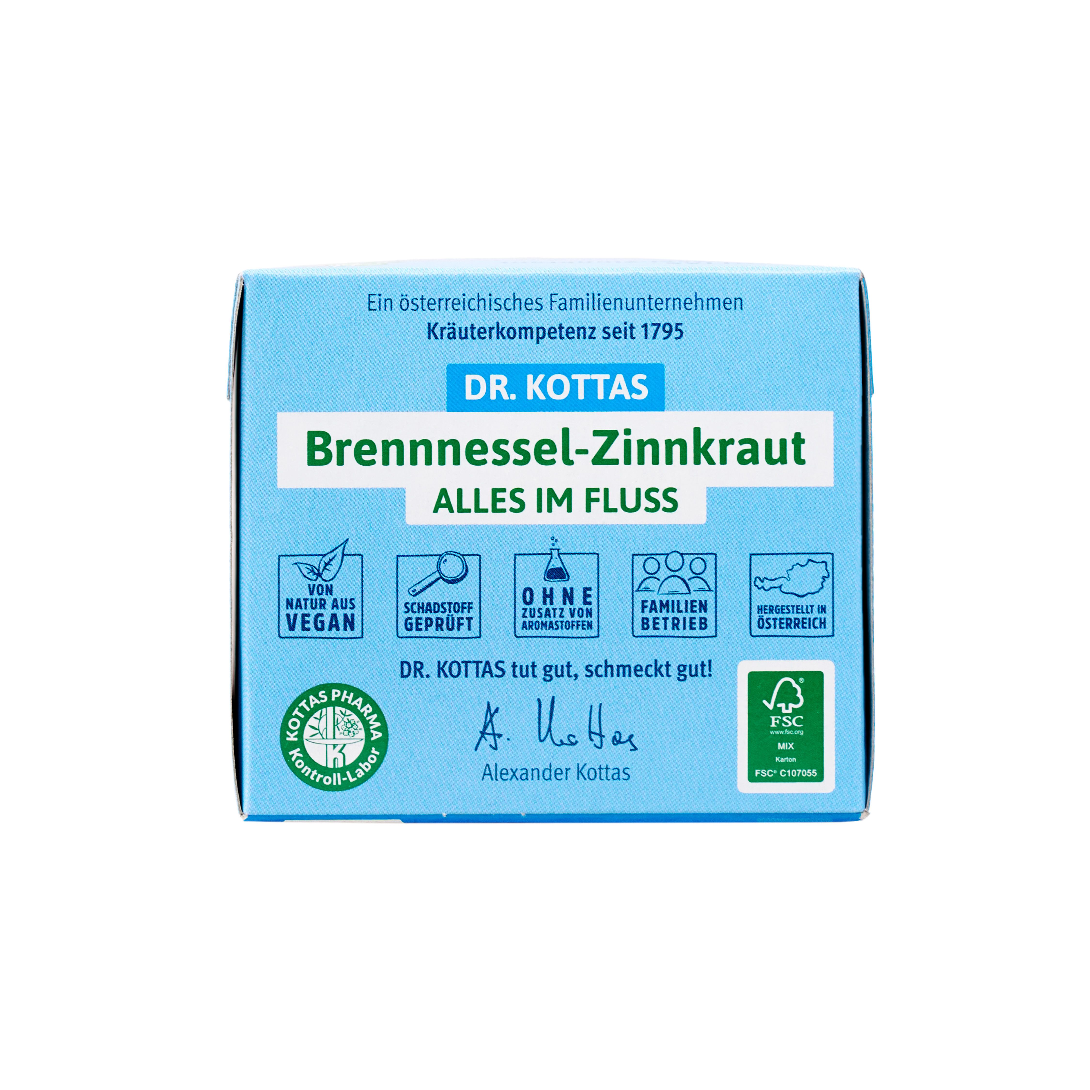 Seite der DR. KOTTAS Brennnessel-Zinnkraut Tee-Verpackung mit Siegeln und Firmeninformationen.