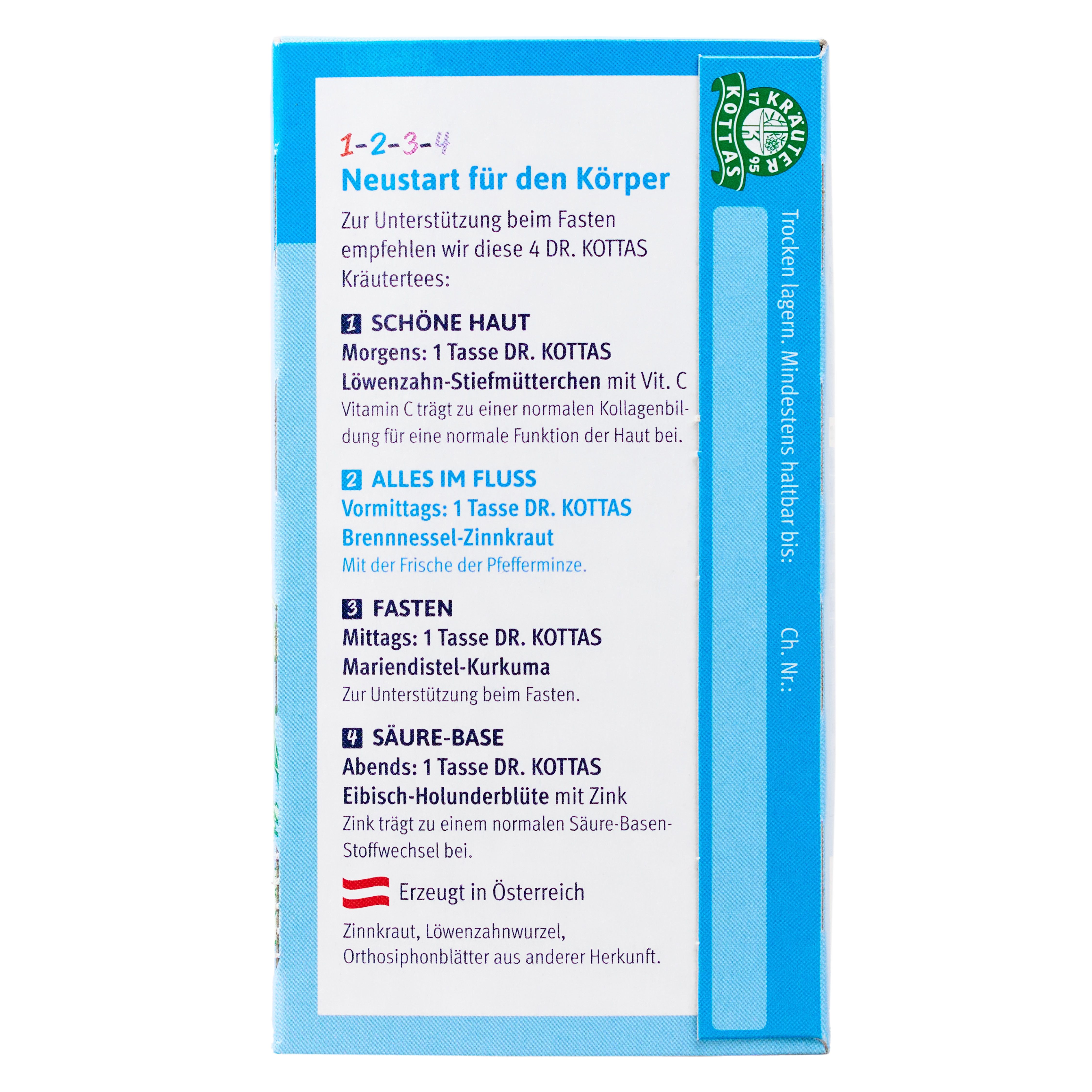 Seite der DR. KOTTAS Brennnessel-Zinnkraut Tee-Verpackung mit Anwendungsempfehlungen.
