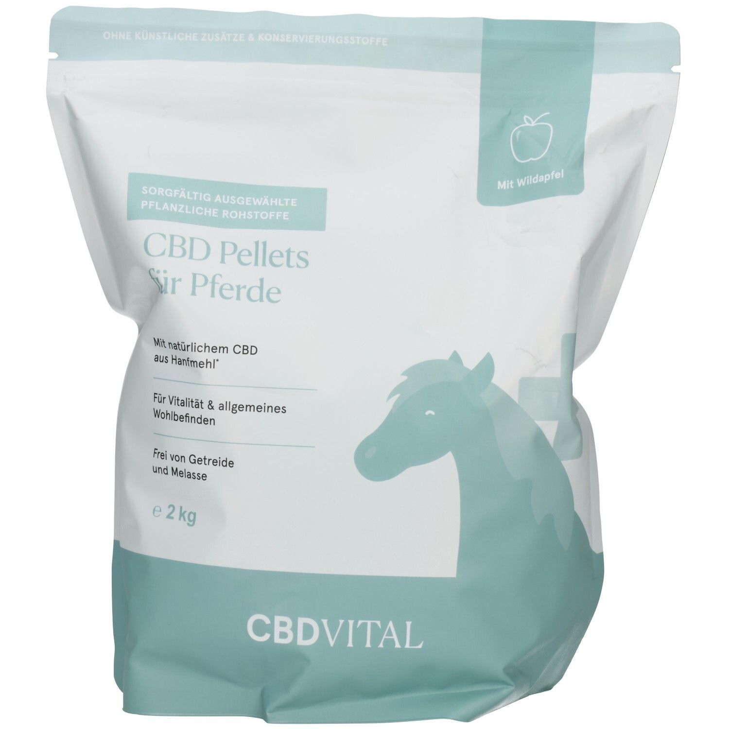 2 kg Beutel mit CBD Pellets für Pferde, mit Apfelgeschmack. Enthält natürliches CBD aus Hanf.