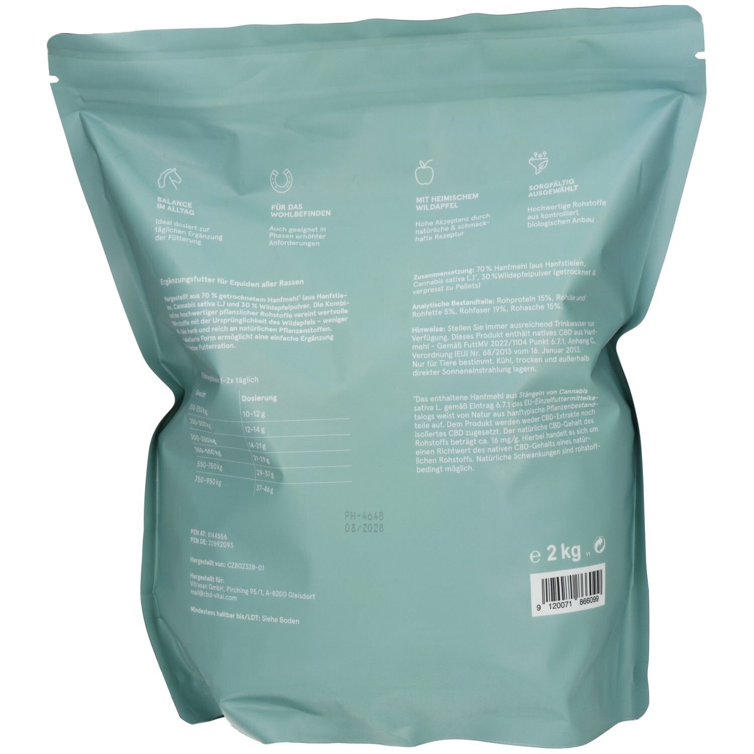 Türkiser Beutel mit 2 kg Inhalt, Rückseite mit Nährwertangaben und Produktinformationen.