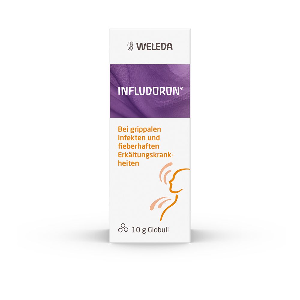 Kartonverpackung. Aufschrift: INFLUDORON, WELEDA. Text: Bei grippalen Infekten und fieberhaften Erkältungskrankheiten. 10 g Globuli. Illustration einer Person.