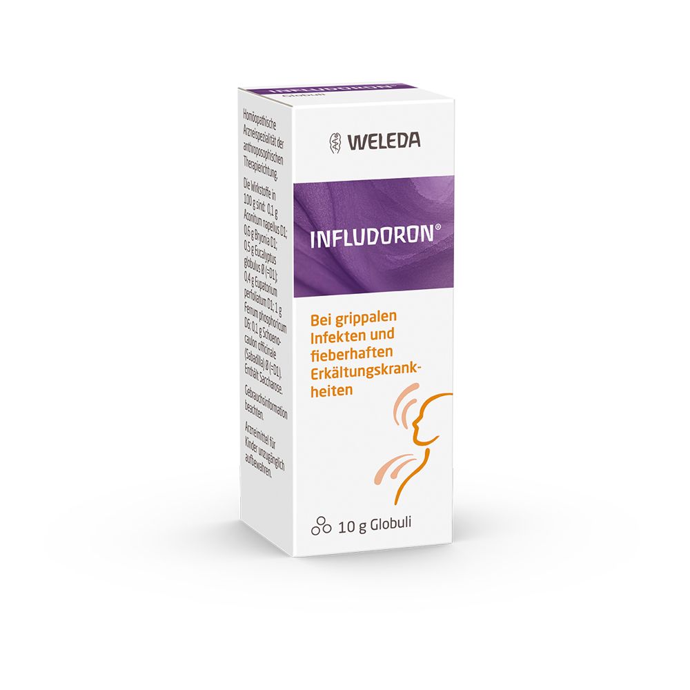 Kartonverpackung. Aufschrift: INFLUDORON, WELEDA. Text: Bei grippalen Infekten und fieberhaften Erkältungskrankheiten. 10 g Globuli. Verpackung mit Text.