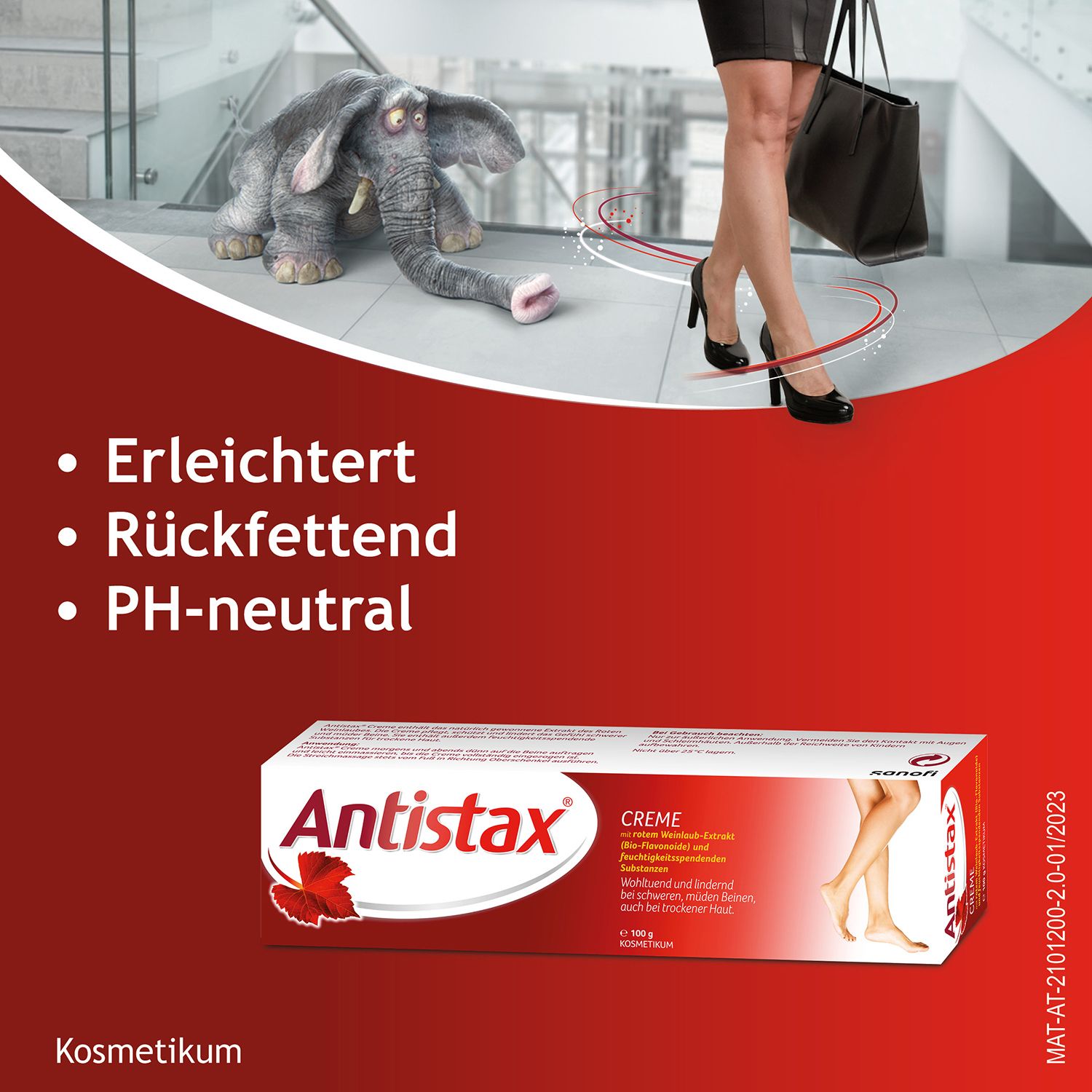 Creme-Tube. Text: Erleichtert, rückfettend, pH-neutral. Logo Antistax®.