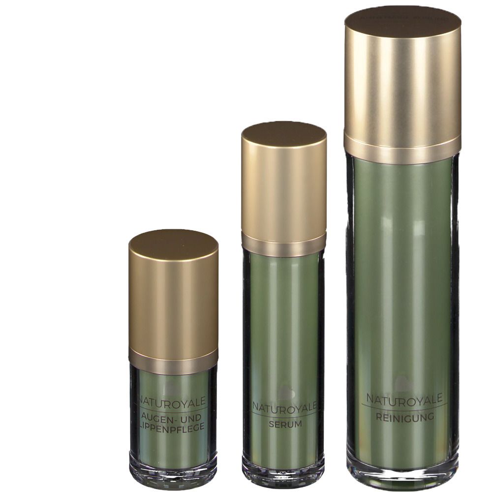 Drei grüne Flakons mit goldenen Deckeln. Beschriftungen: NATUROYALE Augen- und Lippenpflege, Serum, Reinigung.
