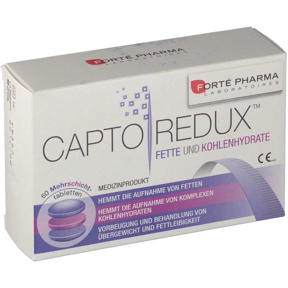 Schachtel mit "CaptoRedux"-Aufdruck. Enthält 60 Tabletten. Logo "Forté Pharma". Medizinprodukt.