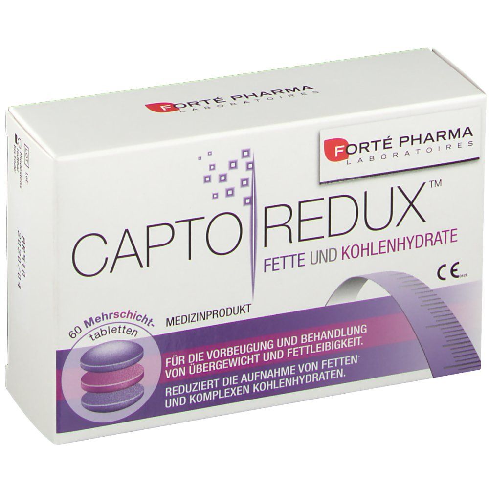 Weiße Schachtel mit "CaptoRedux" und Logo "Forté Pharma". Text: "Fette und Kohlenhydrate". 60 Tabletten.