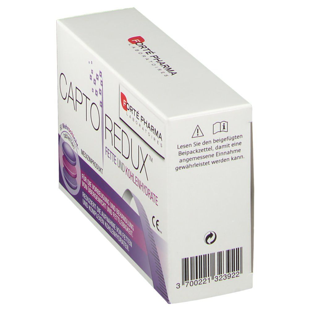 Schachtel "CaptoRedux" mit Logo "Forté Pharma". Text: "Fette und Kohlenhydrate". Barcode und CE-Zeichen.